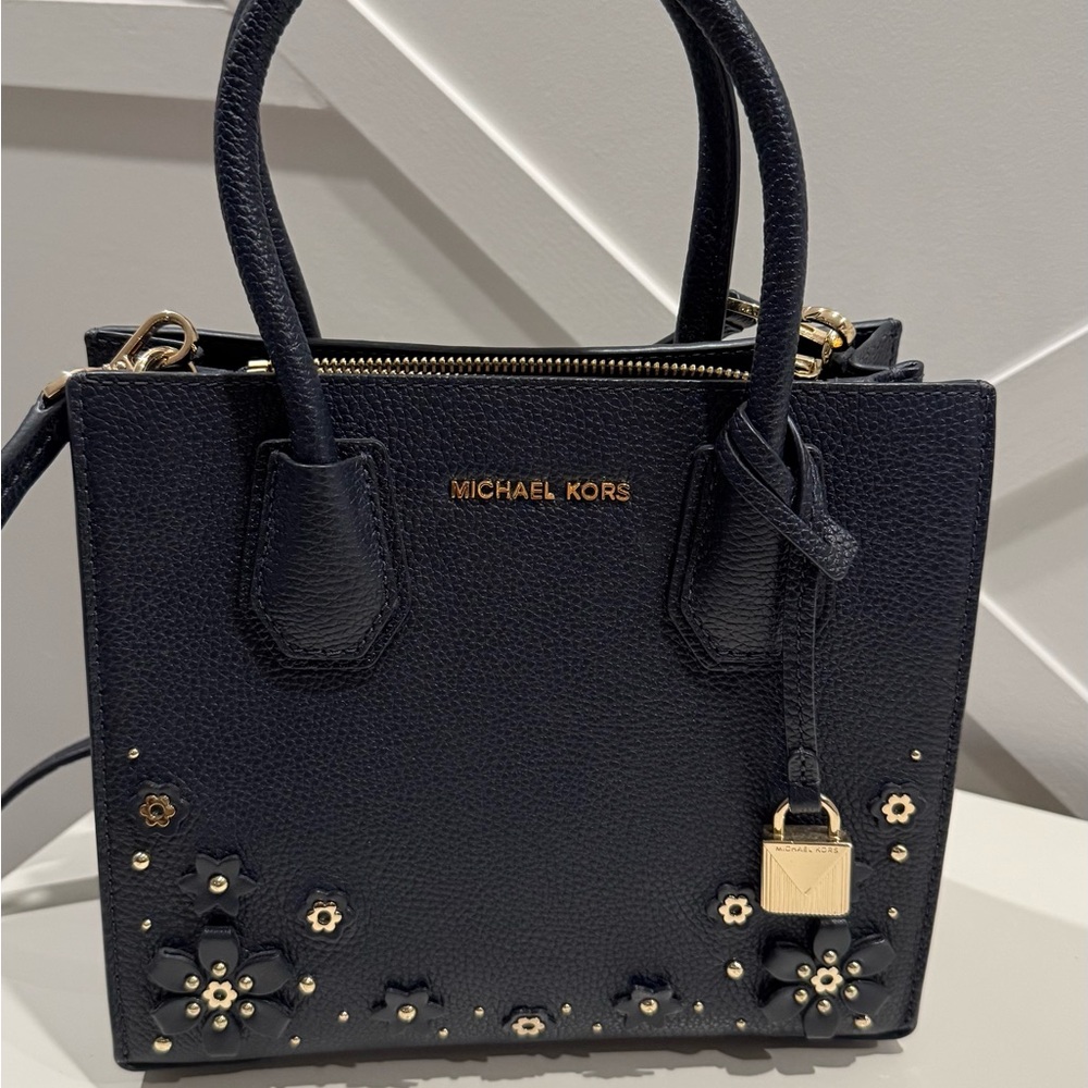 Michael Kors Mercer Floral Embellished Leather Crossbody Bag Navy Blue